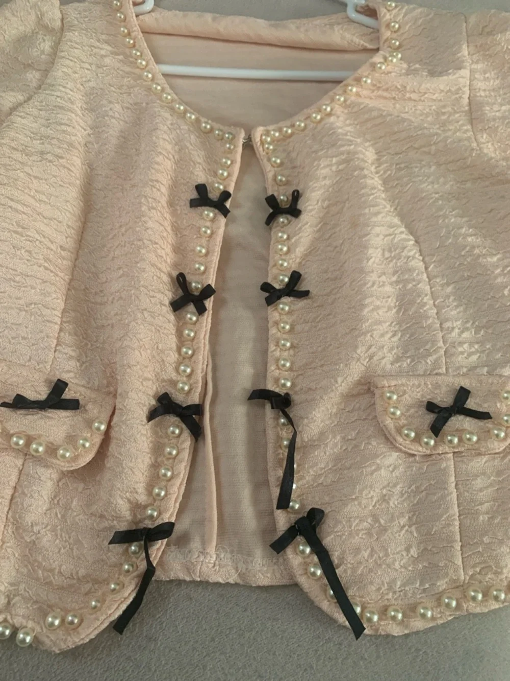 Peach Pearl-Trim Jacket with Bow Accents